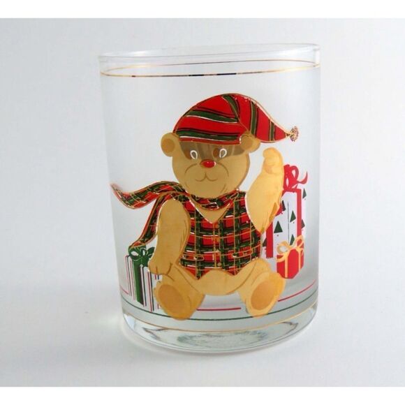 Culver 1960’s Set of 4 Yule Bear Rocks Glasses  22k Gold Christmas Teddy Bear - Picture 1 of 4